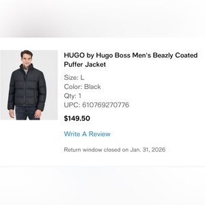 Men's Hugo by Hugo Boss Black Puffer Jacket Size L